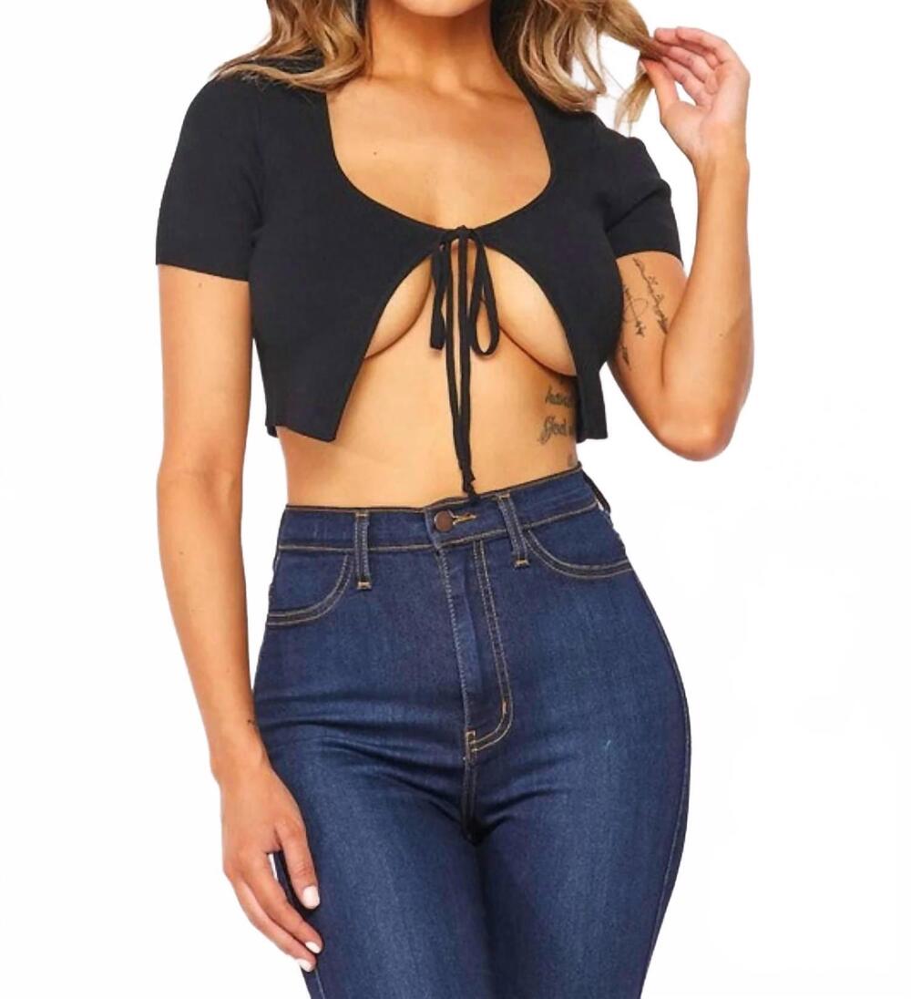 NEW HERA iyanna - front open self tie short sleeve crop top in black
